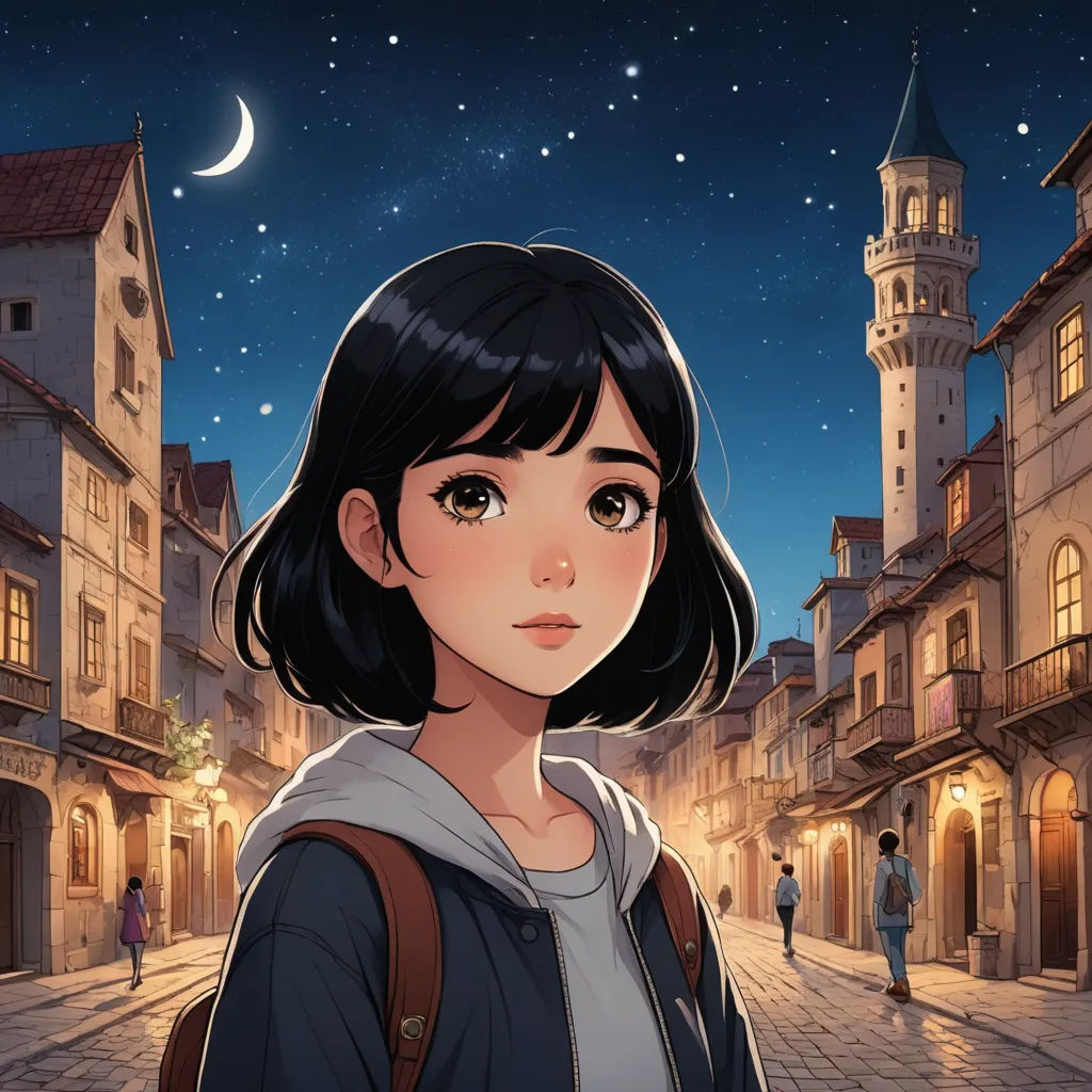 a girl standing in a street at night with a clock tower in the background and a crescent moon in the sky, fantasy art, a comic book panel, Cedric Seaut (Keos Masons), city background