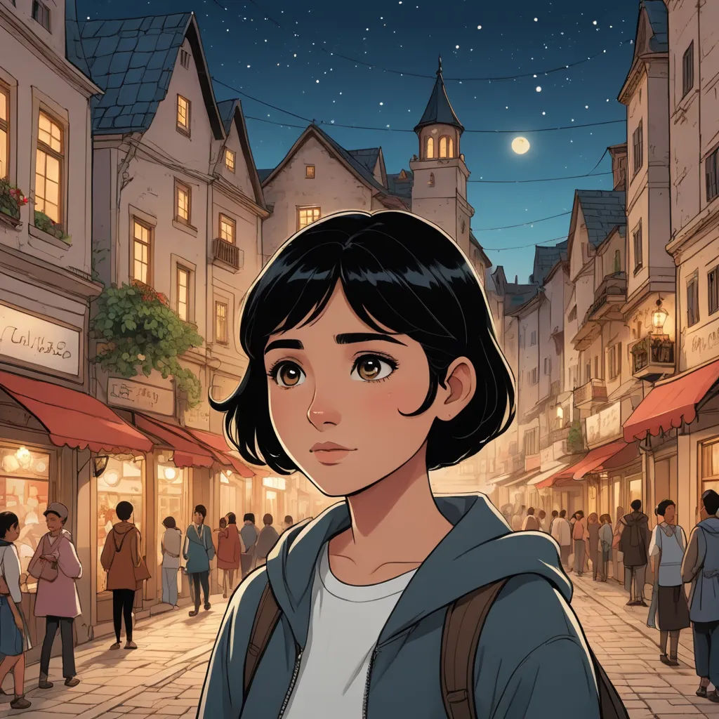 a cartoon of a woman standing in a crowded street at night with a full moon in the background and people walking around, serial art, a comic book panel, Atey Ghailan, kinkade