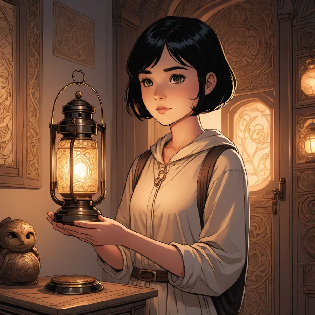 a woman holding a lantern in a room with a table and a lamp on it, with a window behind her, fantasy art, a character portrait, Cedric Peyravernay, rossdraws global illumination