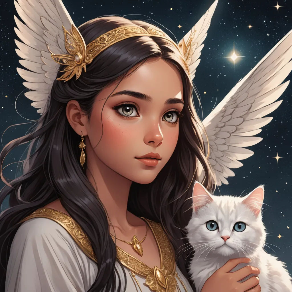 a woman holding a cat in her arms with wings on her head and a star in the background with stars, fantasy art, a detailed painting, Anne Stokes, trending on art station