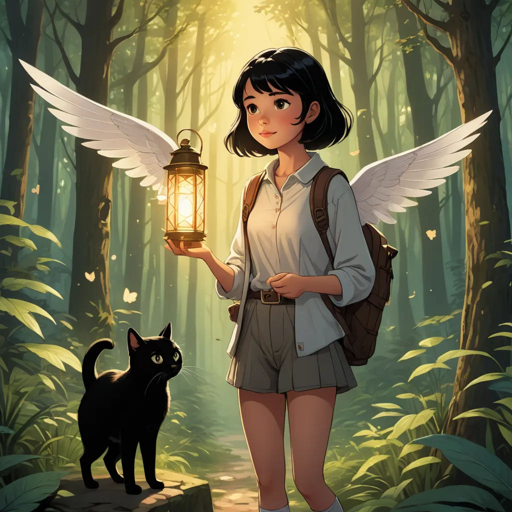 a girl holding a lantern with a cat nearby in a forest with a cat nearby and a cat standing on a path, fantasy art, a storybook illustration, Atey Ghailan, rossdraws global illumination