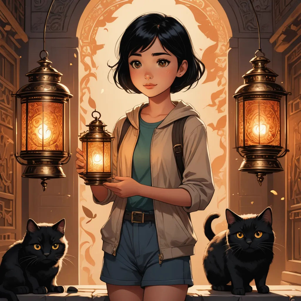 a woman holding a lantern next to a cat and a cat sitting on a table next to a lamp, fantasy art, a storybook illustration, Atey Ghailan, rossdraws global illumination