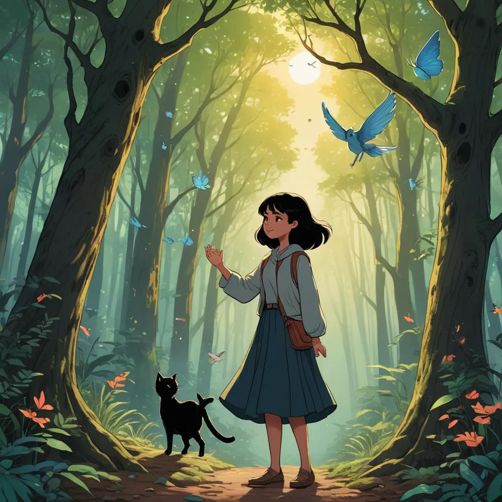 a woman in a blue dress standing in a forest with a cat and a butterfly flying overhead in the air, magical realism, a storybook illustration, Atey Ghailan, official art