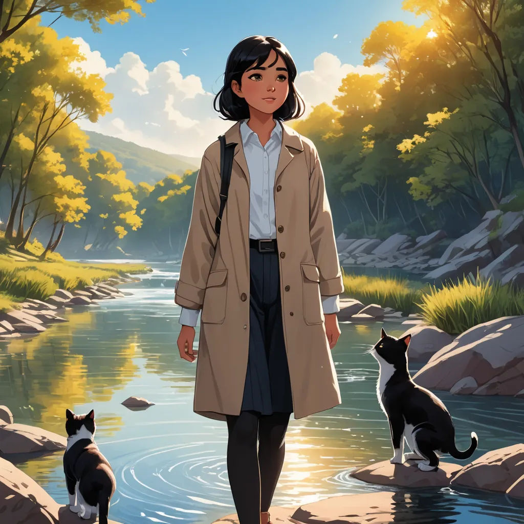 a woman walking with a cat and a dog in a river near a forest and a mountain range with trees, american scene painting, poster art, Atey Ghailan, official art