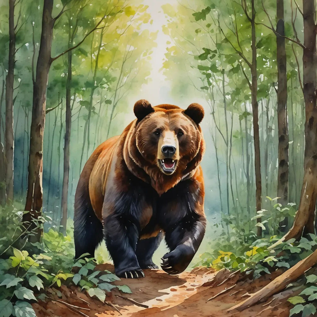 a painting of a bear walking through a forest with trees and leaves on the ground and a path leading to the bear, furry art, a watercolor painting, Brom, in gouache detailed paintings