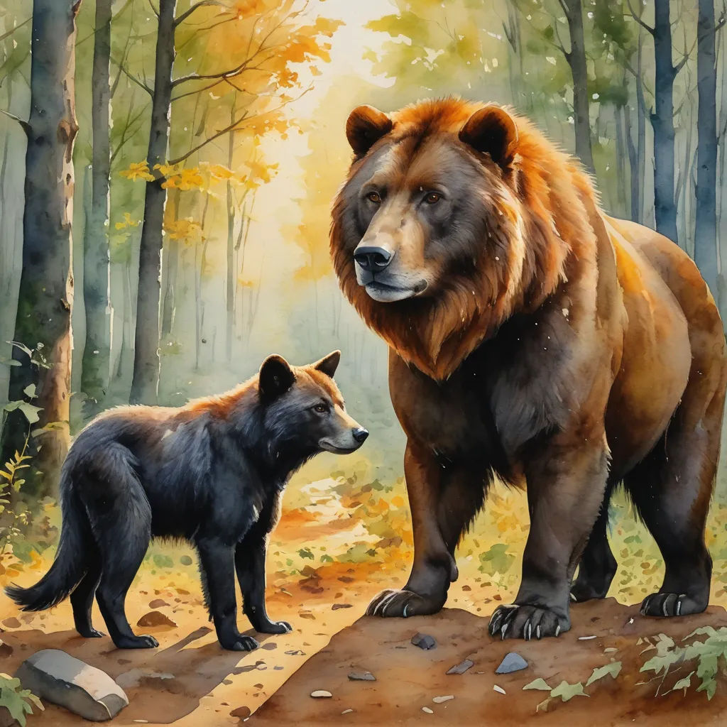 a painting of two bears in a forest with a path leading to them and a forest path leading to them, furry art, a watercolor painting, Brom, official art