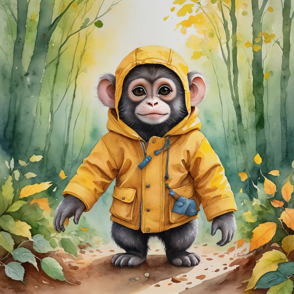 a painting of a monkey wearing a yellow raincoat and standing in a forest with leaves and trees around, sots art, a watercolor painting, Chris LaBrooy, highly detailed digital painting