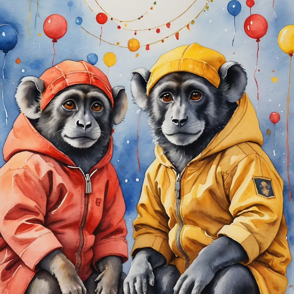 two monkeys wearing jackets and balloons are sitting on a bench together, one is wearing a yellow jacket and the other is wearing a red jacket, furry art, an ultrafine detailed painting, Chris LaBrooy, in gouache detailed paintings
