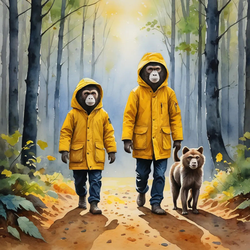 a painting of two children in yellow jackets walking a dog in the woods with a bear in the foreground, primitivism, an oil painting, Chris LaBrooy, official art