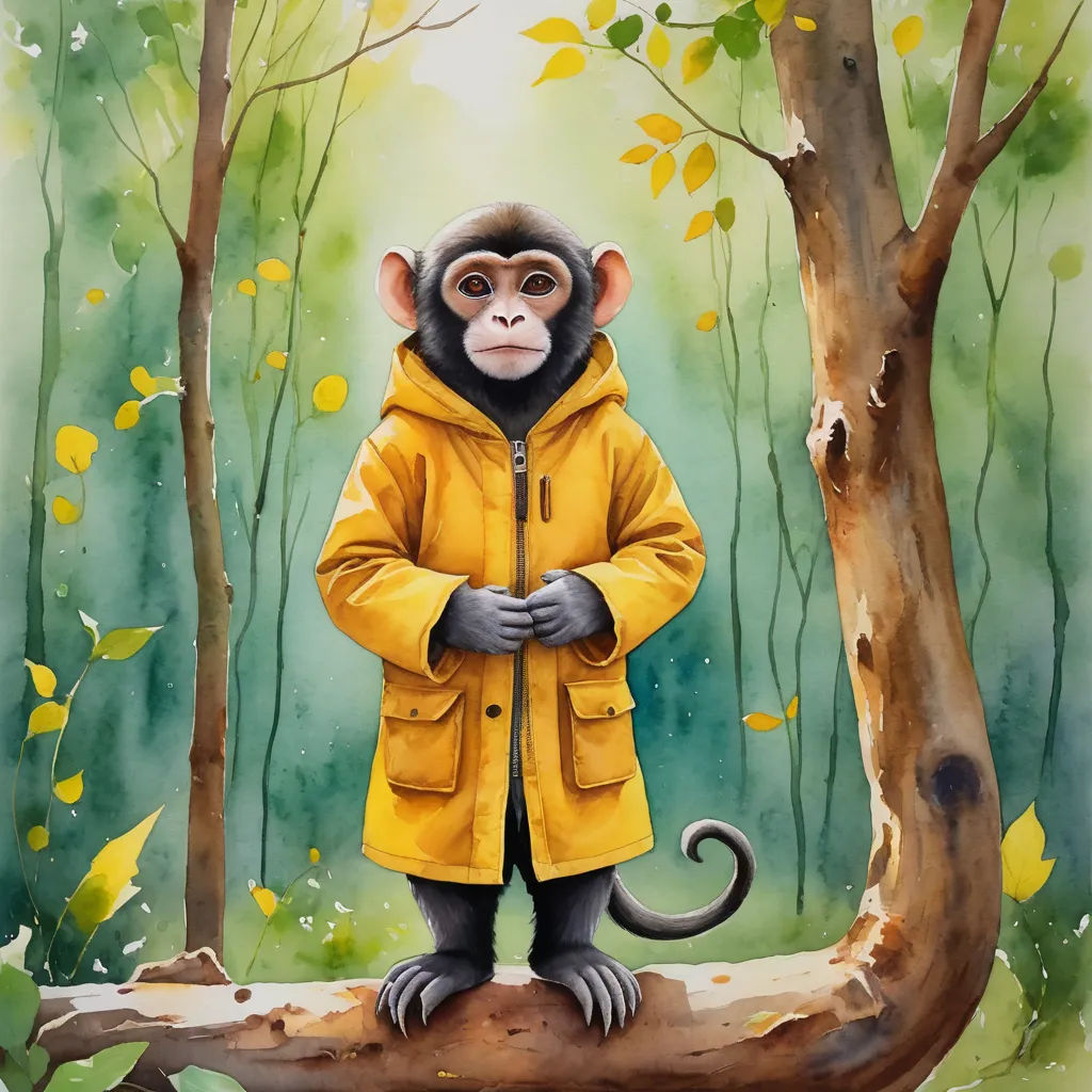 a painting of a monkey in a yellow jacket standing on a tree branch in a forest with yellow leaves, figurativism, a watercolor painting, Aaron Jasinski, in gouache detailed paintings