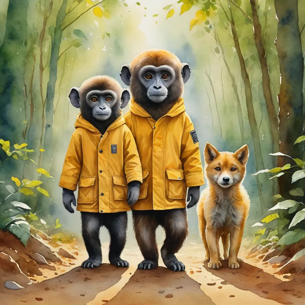 a painting of two monkeys in yellow raincoats standing next to a fox in a forest with trees, naive art, an oil painting, Chris LaBrooy, highly detailed digital painting