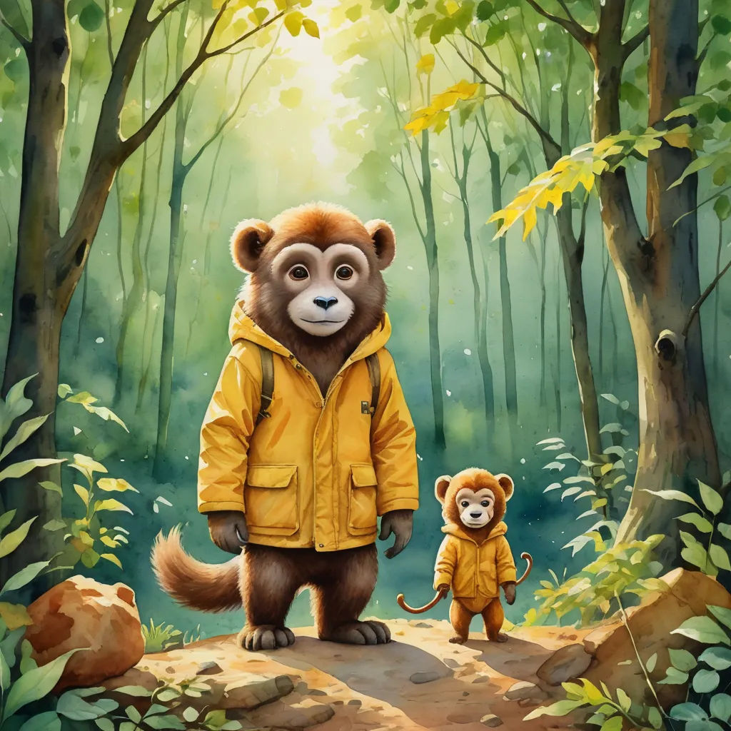 a painting of a man and a monkey in a forest with trees and rocks, with sunlight coming through the trees, digital art, a digital painting, Chris LaBrooy, official art