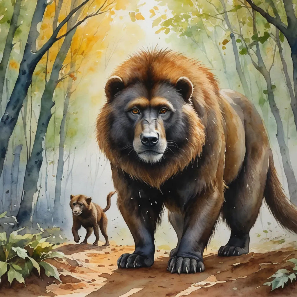 a painting of a bear and a cub in a forest with trees and leaves on the ground and a path leading to the bear, furry art, a watercolor painting, Christophe Vacher, official art