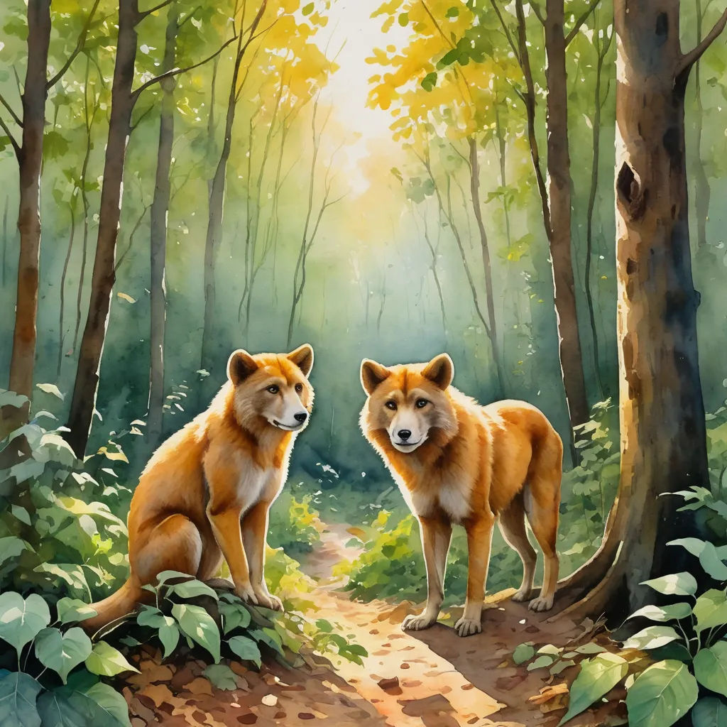 two foxes standing in the woods looking at each other with a bright light coming through the trees behind them, furry art, a watercolor painting, Brothers Hildebrandt, official art