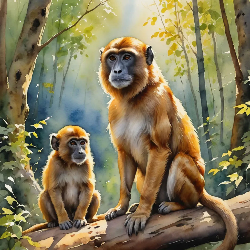 a painting of a monkey and a baby monkey sitting on a log in the woods, with trees and foliage in the background, sumatraism, an airbrush painting, Alex Petruk APe, professional digital painting