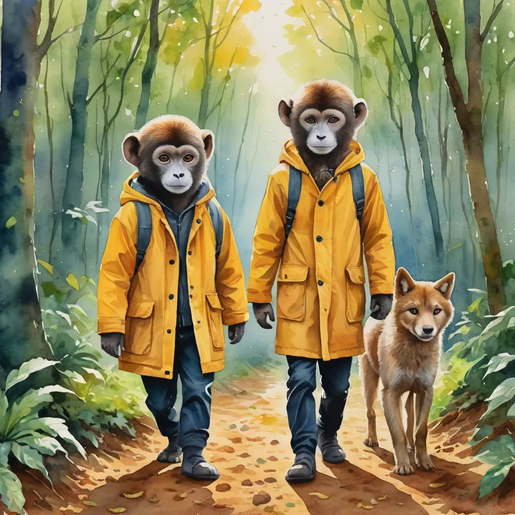two monkeys wearing yellow jackets walk down a path with a dog in front of them in the woods,, primitivism, an oil painting, Aaron Jasinski, official art