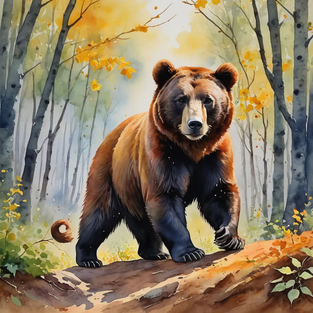 a painting of a bear standing on a log in a forest with yellow leaves and trees in the background, furry art, a watercolor painting, Brom, in gouache detailed paintings