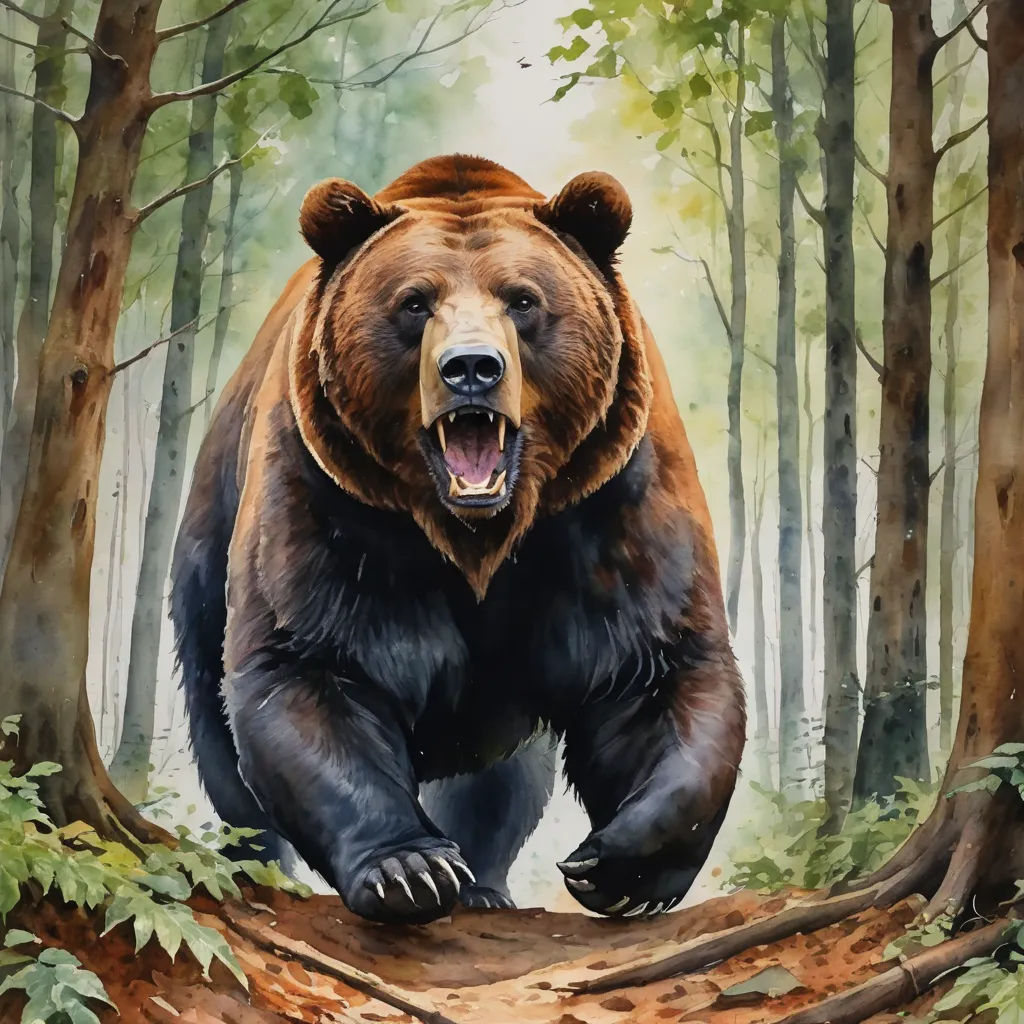 a painting of a bear walking through a forest with trees and leaves on the ground and a path leading to the bear, furry art, a watercolor painting, Chris LaBrooy, ultra realistic illustration
