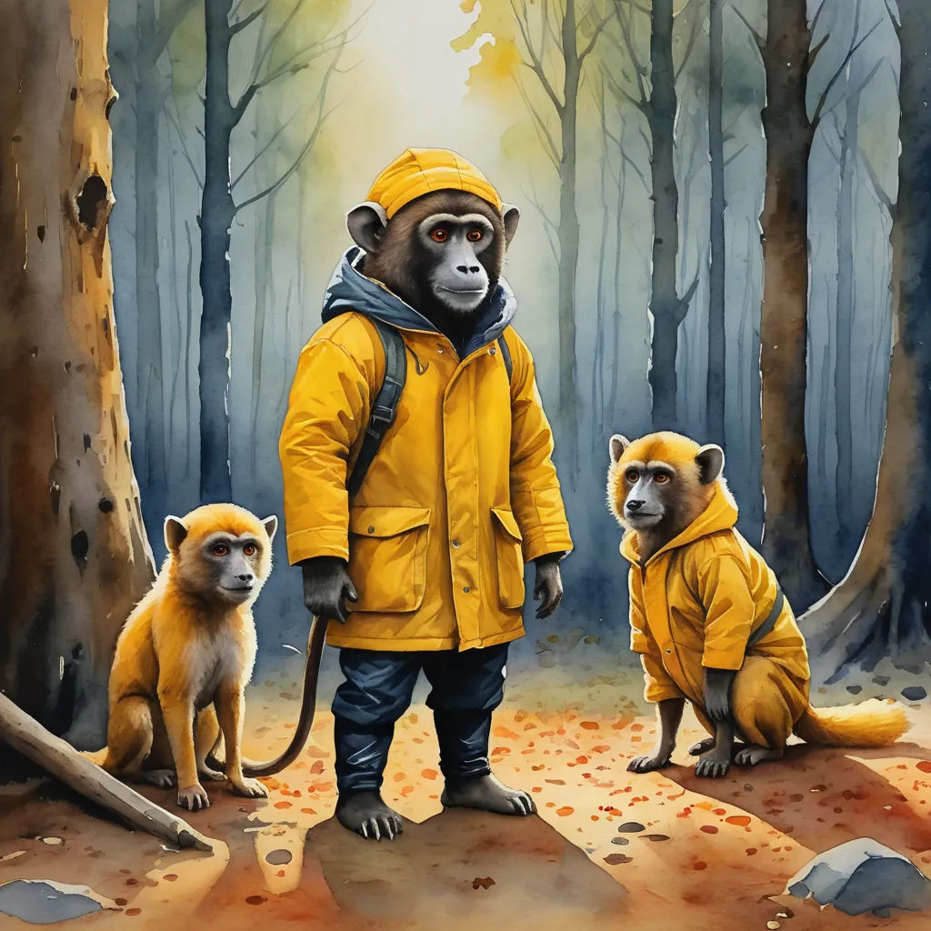 a painting of a man in a yellow jacket and two monkeys in a forest with trees and leaves on the ground, primitivism, a fine art painting, Esao Andrews, in gouache detailed paintings