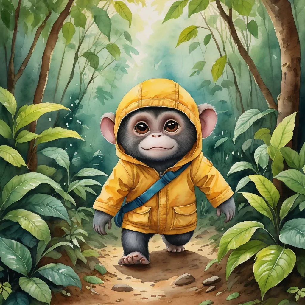 a painting of a monkey in a yellow raincoat in a forest with green leaves and a blue leash, fantasy art, a digital painting, Chris LaBrooy, highly detailed digital painting