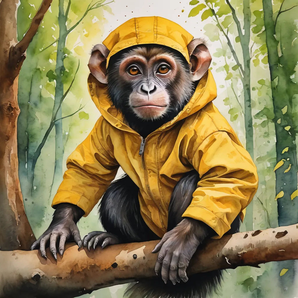 a painting of a monkey wearing a yellow raincoat on a tree branch in a forest with green leaves, primitivism, a detailed painting, Alex Petruk APe, professional digital painting