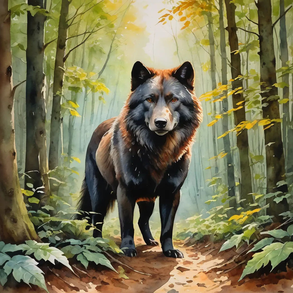 a painting of a wolf standing in a forest with trees and leaves on the ground and a path leading to it, furry art, an airbrush painting, Caspar Wolf, highly detailed digital painting