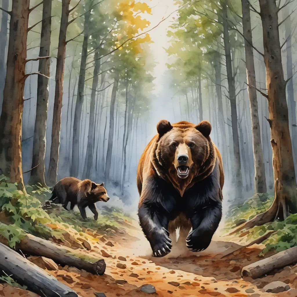 a painting of a bear and cub in a forest with trees and leaves on the ground and a path leading to them, american scene painting, a storybook illustration, Brothers Hildebrandt, official art