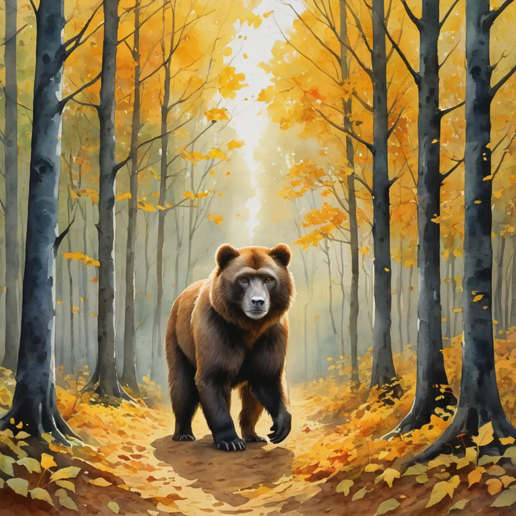 a painting of a bear in a forest with yellow leaves on the ground and trees with yellow leaves on the ground, furry art, a watercolor painting, Chris LaBrooy, official art
