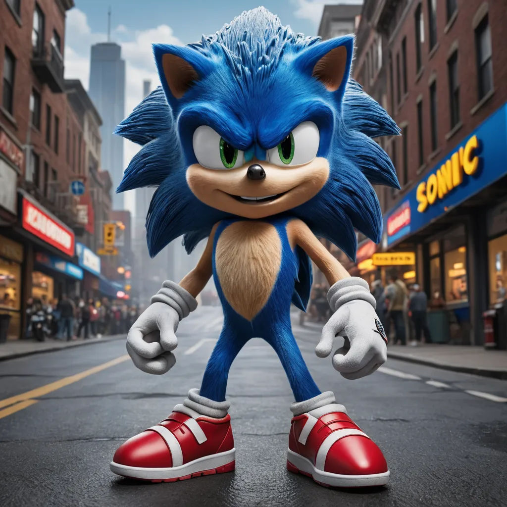 a cartoon character in a red shoe on a city street with a blue background and a city street with buildings, photorealism, concept art, Chris LaBrooy, unreal engine highly rendered
