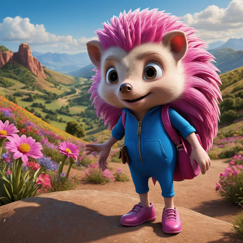 a cartoon hedge with pink hair and a backpack on a dirt road with flowers in the background and a mountain range in the distance, furry art, a 3D render, Chris LaBrooy, unreal engine 5 highly rendered