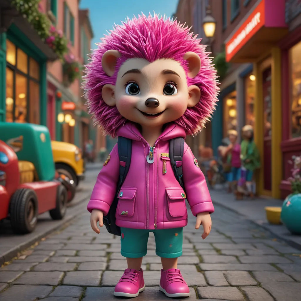 a cartoon character in a pink jacket and green pants standing on a brick road in front of a store, furry art, a 3D render, Chris LaBrooy, unreal engine 5 highly rendered