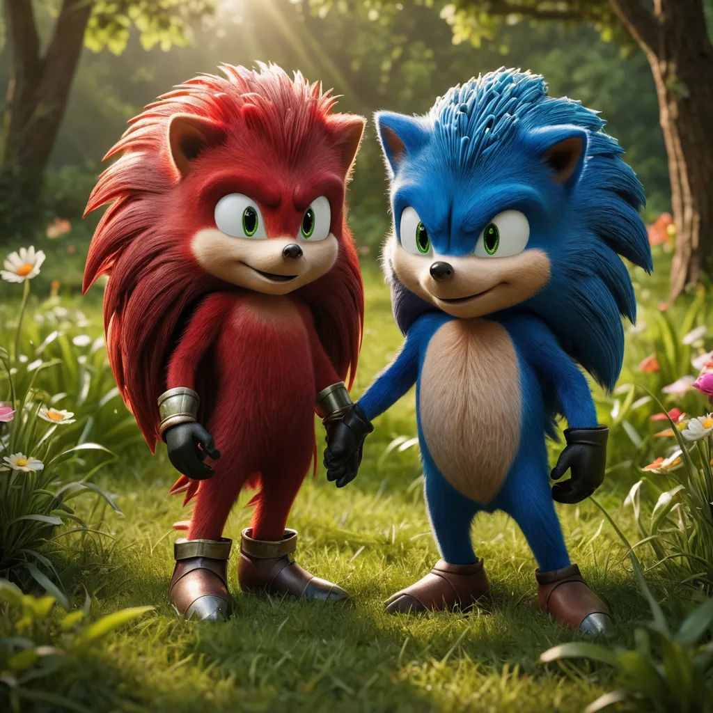 a couple of cartoon characters standing on top of a lush green field of grass and flowers, with trees in the background, sots art, concept art, Chris LaBrooy, official art