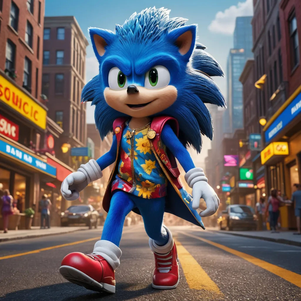 a cartoon character in a blue outfit and red shoes is walking down a street in a city with tall buildings, photorealism, concept art, Chris LaBrooy, unreal engine highly rendered