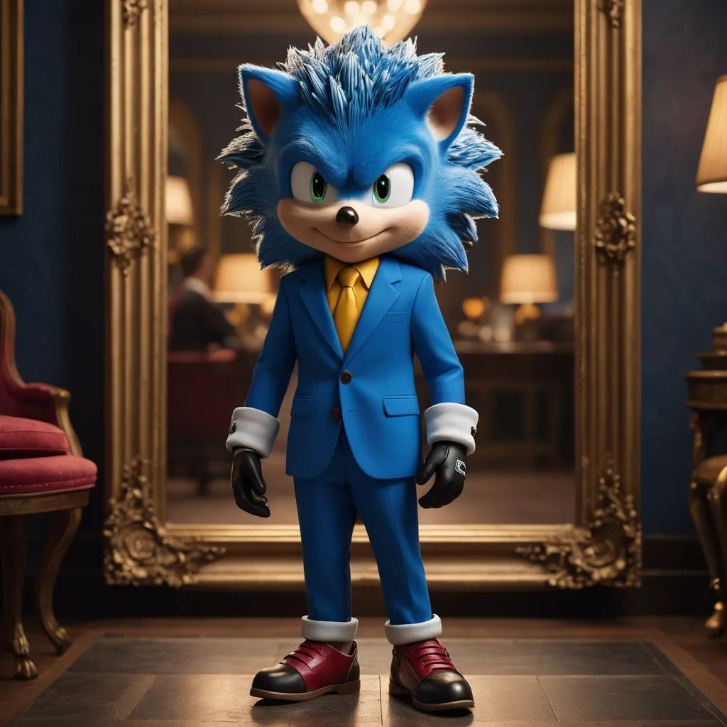 a cartoon character dressed in a blue suit and tie standing in front of a mirror with a red chair, photorealism, a 3D render, Chris LaBrooy, unreal engine 5 quality render