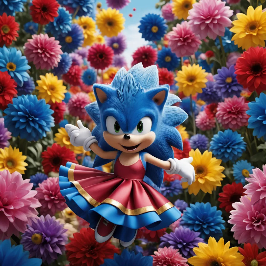 a cartoon character is flying through a field of flowers and flowers with a blue dress on and a red dress on, furry art, a 3D render, Chris LaBrooy, official art
