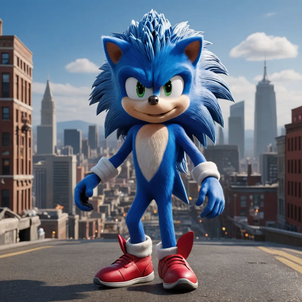 a cartoon character in a red sneaker is walking down a street in front of a city skyline with tall buildings, photorealism, a 3D render, Chris LaBrooy, unreal engine 5 highly rendered