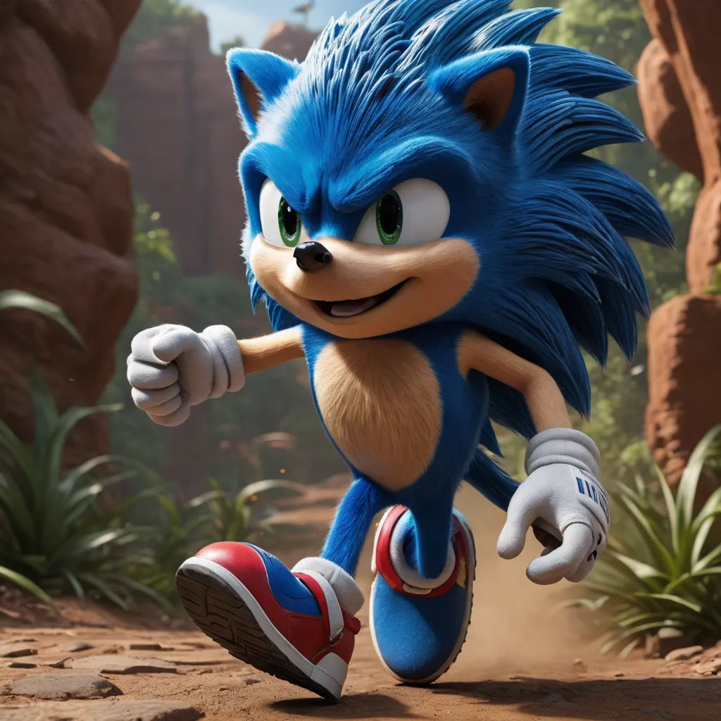 a cartoon character running through a jungle with a red shoe on his feet and a blue tail and a red and white shoe on his foot, photorealism, concept art, Chris LaBrooy, unreal engine 5 quality render