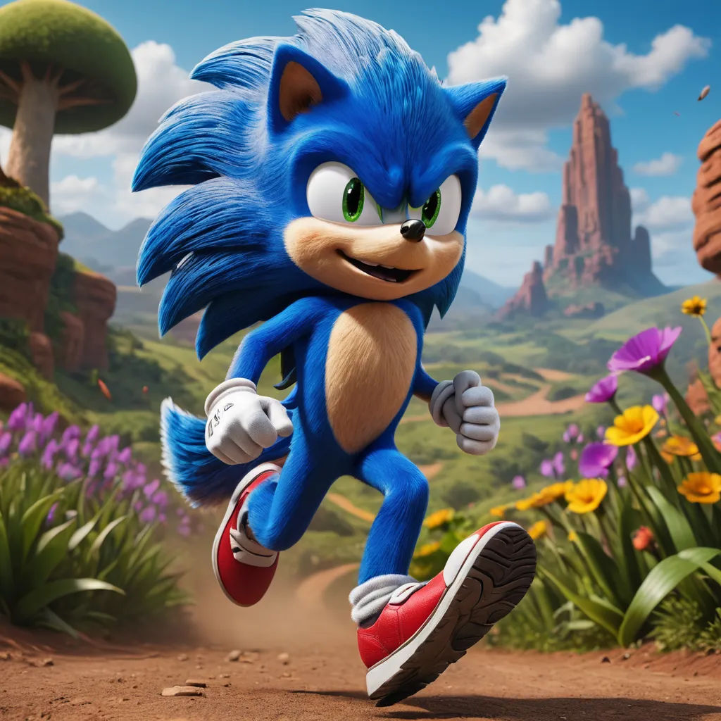 a cartoon character running across a dirt road in a forest with flowers and trees in the background and a blue sky, sots art, concept art, Chris LaBrooy, unreal engine highly rendered