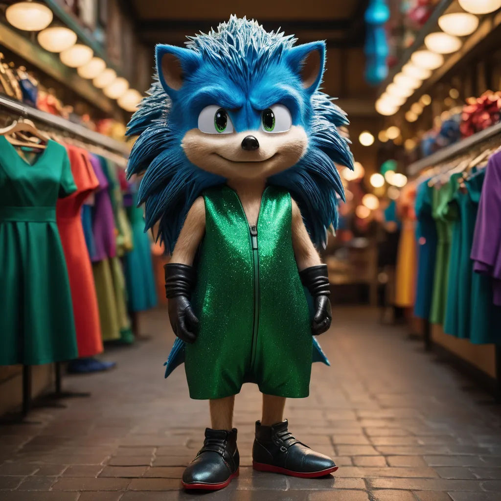 a person in a green dress and a furry animal in a store aisle with clothes on racks and lights, photorealism, concept art, Dom Qwek, unreal engine 5 quality render