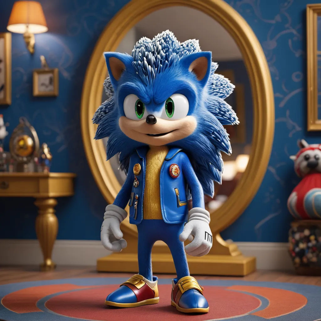 a cartoon character in a blue suit and gold shoes stands in front of a mirror in a blue room, photorealism, a 3D render, Chris LaBrooy, unreal engine 5 quality render