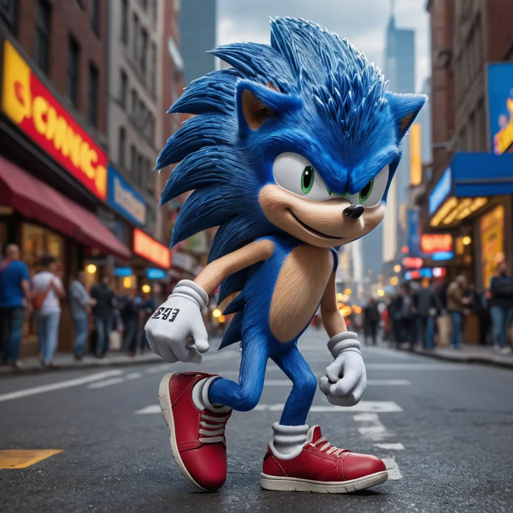 a sonic the hedge character is walking down the street in a city street scene with people walking on the sidewalk, photorealism, a 3D render, Chris LaBrooy, unreal engine highly rendered