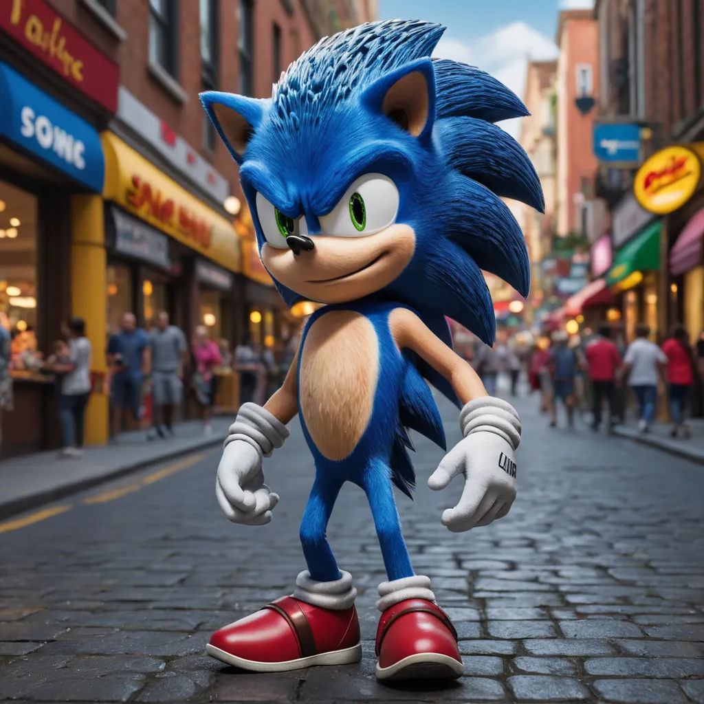a cartoon character is walking down a street in a city setting with people walking by and a storefront, photorealism, concept art, Chris LaBrooy, unreal engine highly rendered