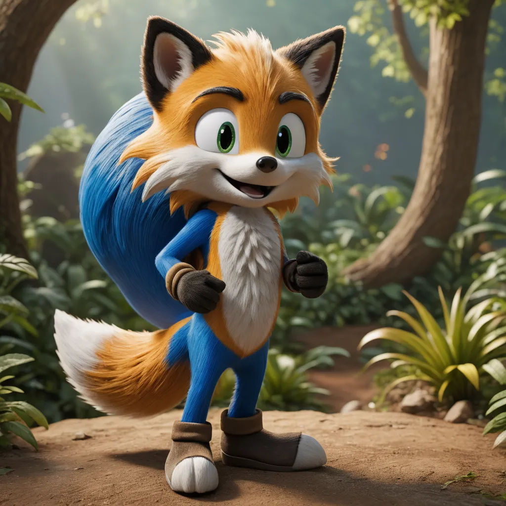 a cartoon fox with a blue tail and a white nose and a black nose and a green nose and a white nose and a brown nose and a bush and some trees and bushes, furry art, a 3D render, Chris LaBrooy, unreal engine 5 quality render