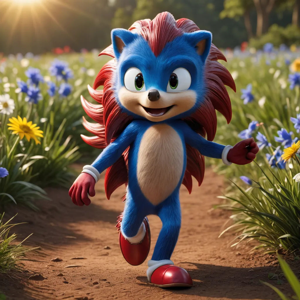 a cartoon character running through a field of flowers and grass with the sun shining behind him and the background of blue flowers, furry art, concept art, Chris LaBrooy, unreal engine 5 quality render