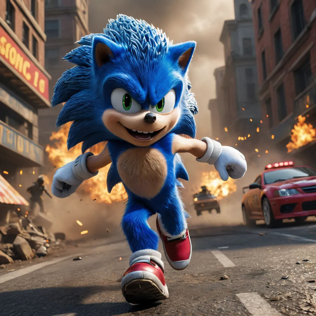 a cartoon character running down a street in a city with a fire in the background and a car on the road, sots art, concept art, Chris LaBrooy, unreal engine highly rendered
