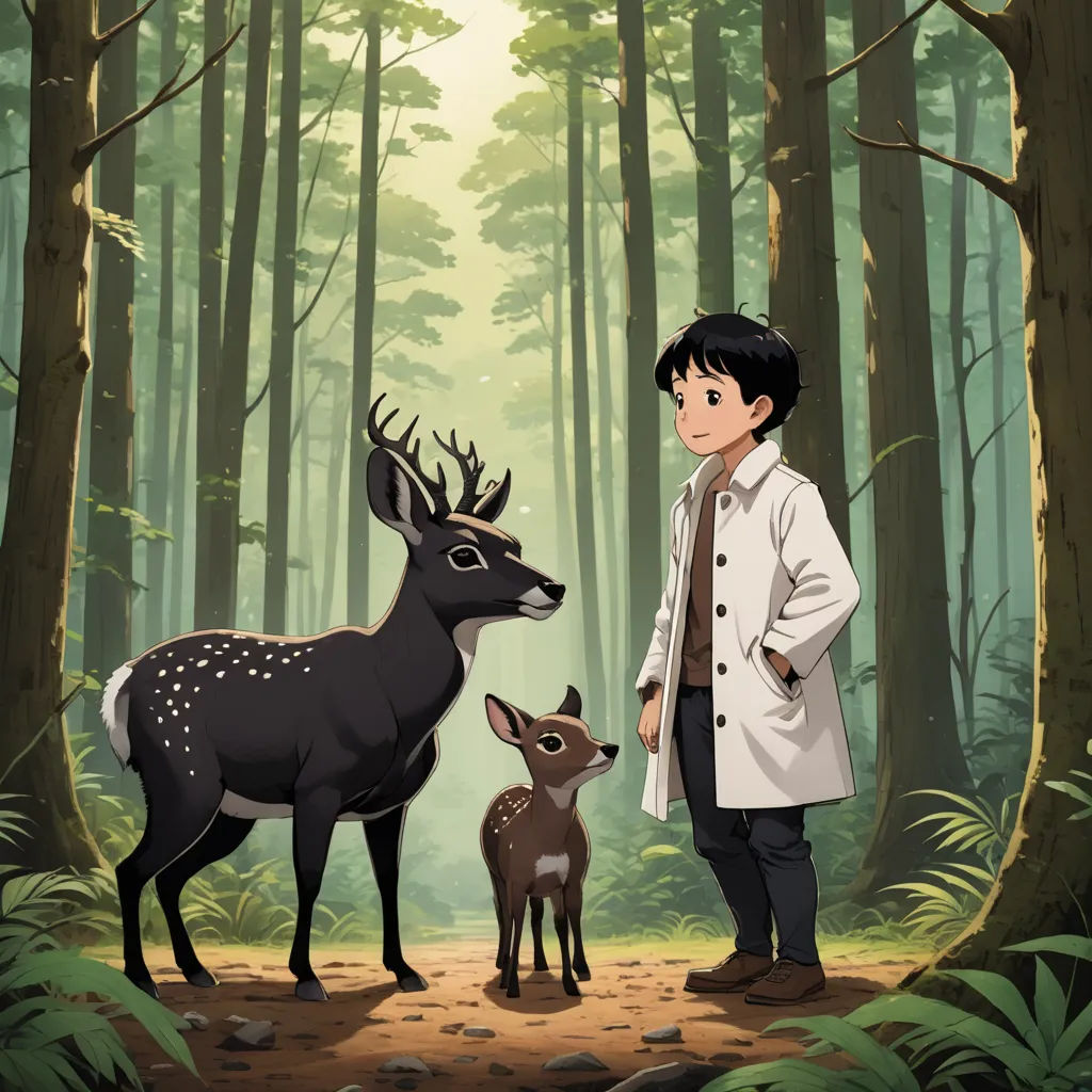 a man standing next to a deer in a forest with another deer standing next to him on a path, magic realism, a character portrait, Akihiko Yoshida, official art