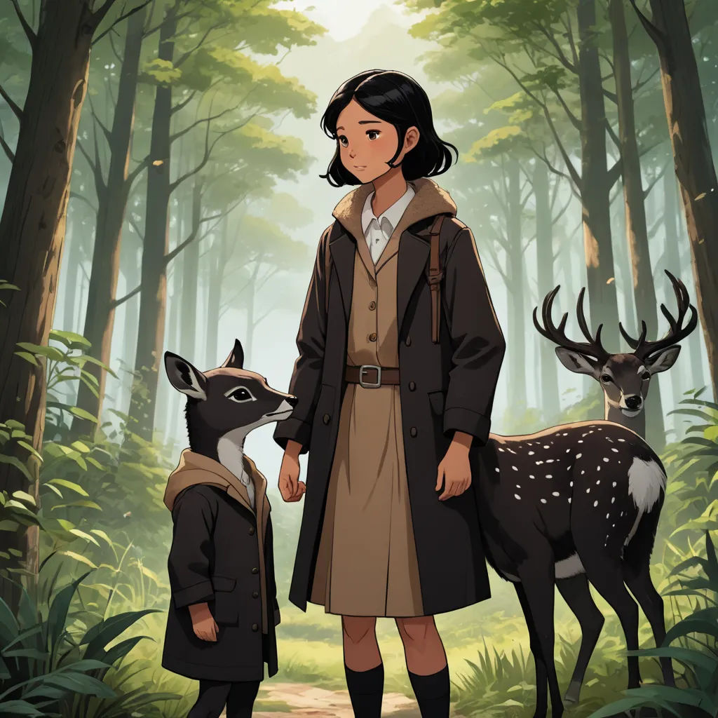 a woman and a boy standing in a forest with deers behind them, with a forest background and trees, environmental art, poster art, Choi Buk, official art