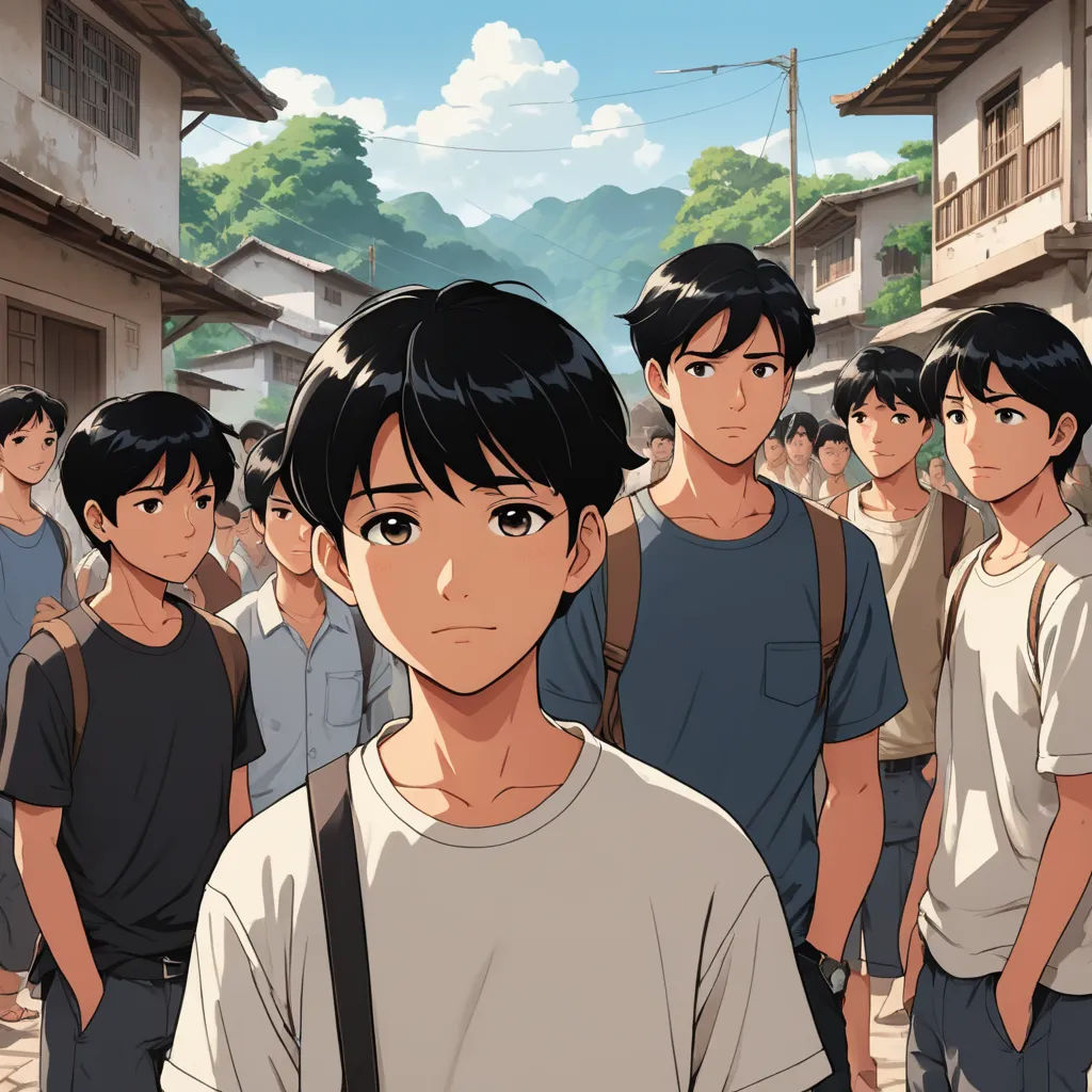 a group of people standing in a line in front of a building with a mountain in the background and a sky with clouds, rayonism, a manga drawing, Adam Manyoki, official art