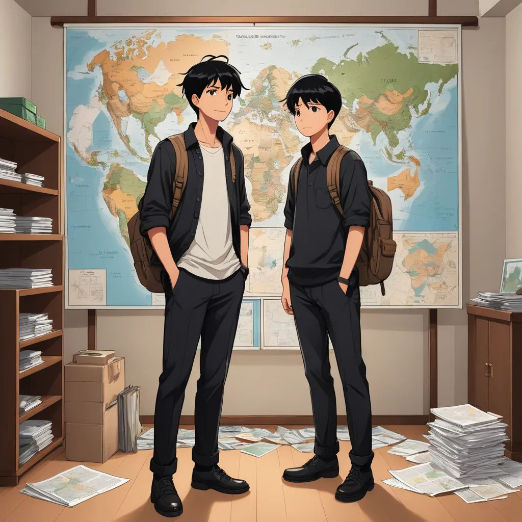 two young men standing in front of a map in a room with a wooden floor and a bookcase, serial art, concept art, Ai-Mitsu, official art