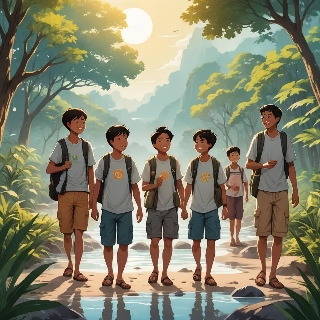 a group of boys standing next to each other in front of a forest with a river and mountains in the background, sumatraism, a storybook illustration, Brothers Hildebrandt, rossdraws global illumination